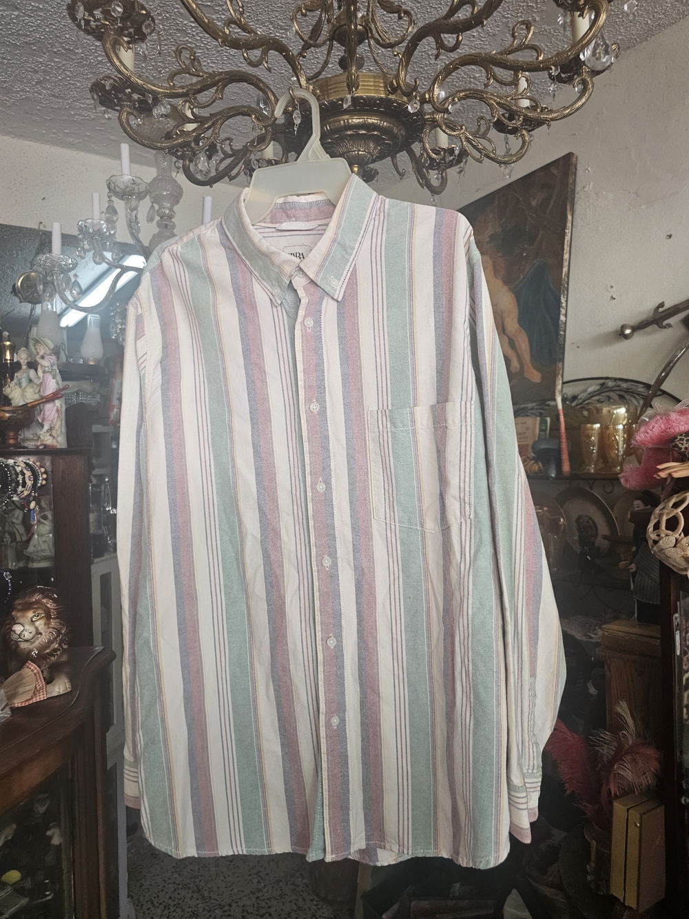 Zara Men's Button-Down Shirt in Pastel Green, Pink, White Stripes